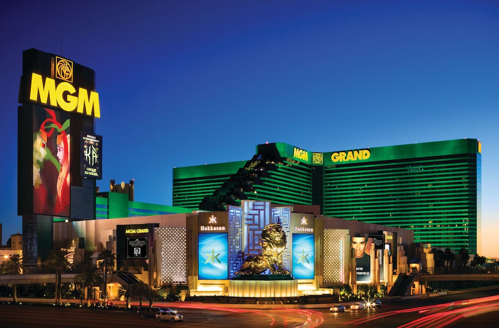 MGM Grand Hotel & Casino emerald-green tower and lion statue on the Las Vegas Strip