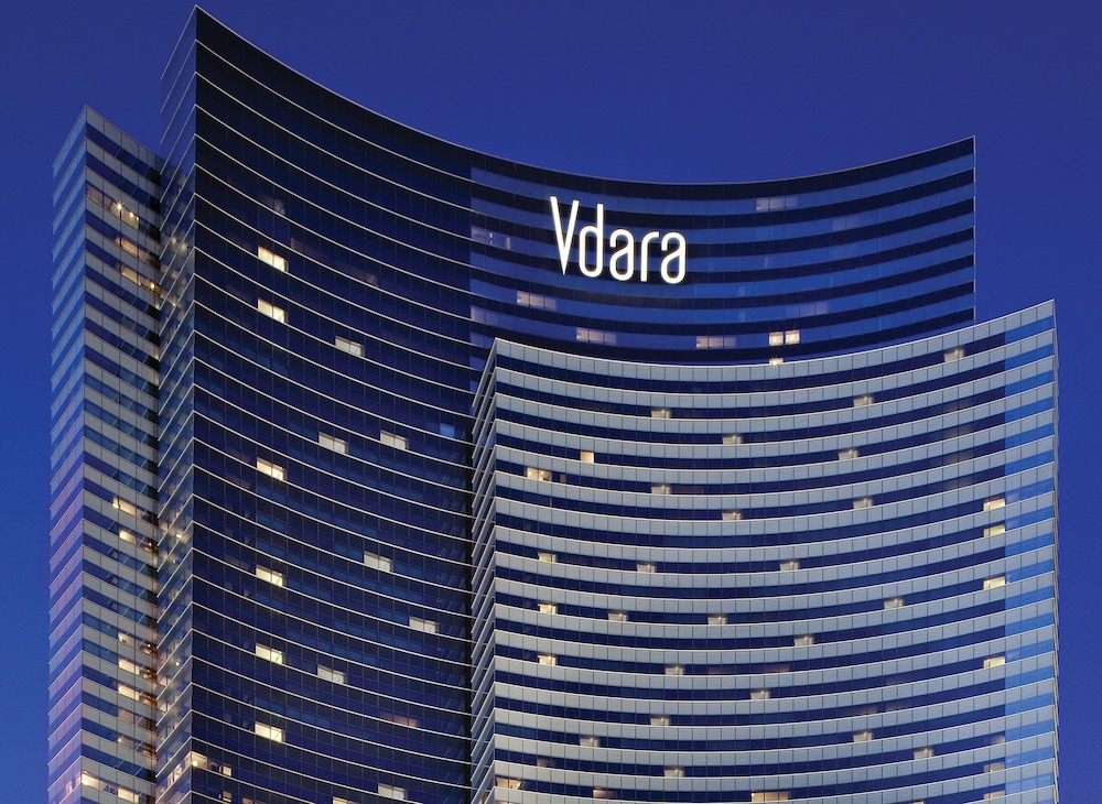 Vdara Condo Hotel curved glass tower at CityCenter between Bellagio and Aria